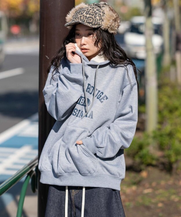 WEGO 【ユニセックス着用ITEM/裏起毛】カレッジロゴボアパーカー 杢グレー