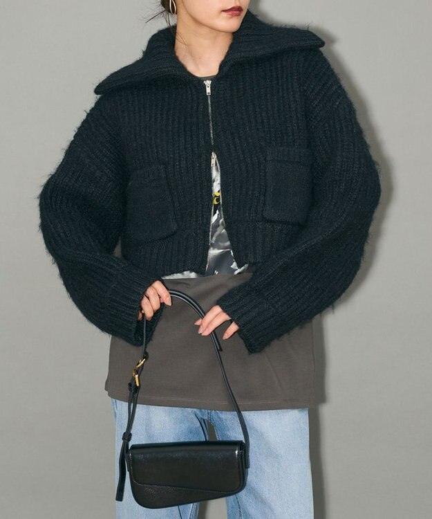 Green Parks フロントジップビックカラーニットブルゾン Navy