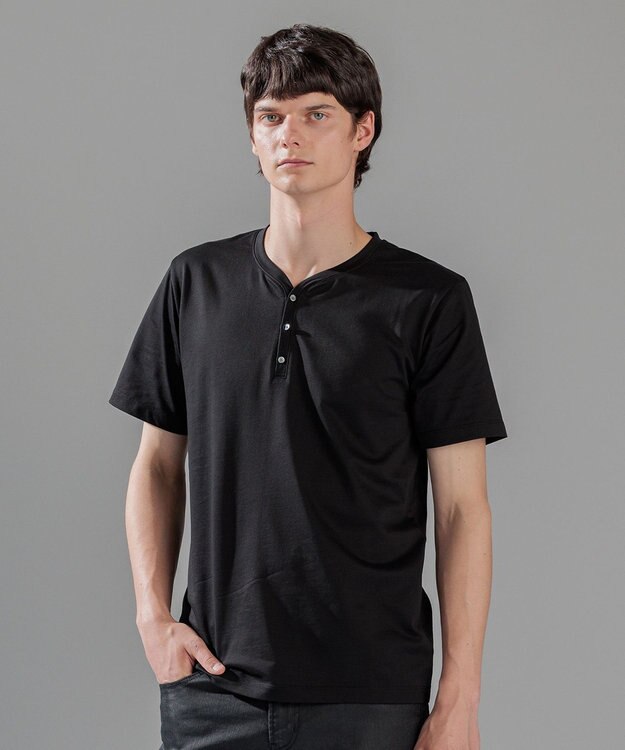 JOSEPH HOMME スビンソフトジャージー　ヘンリーネック半袖カットソー ブラック系