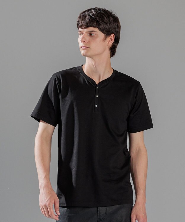 JOSEPH HOMME スビンソフトジャージー　ヘンリーネック半袖カットソー ブラック系