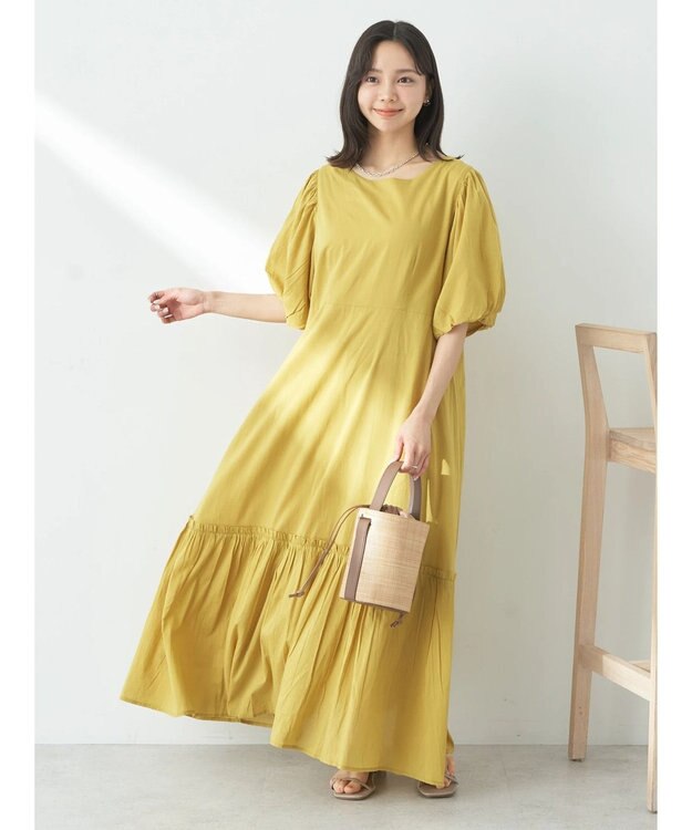 earth music&ecology コットンボイルパフスリーブワンピース Yellow