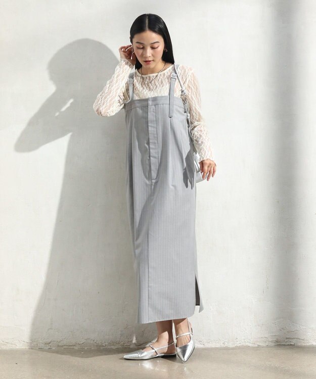 Green Parks ピンストライプベアトップジャンスカ Gray