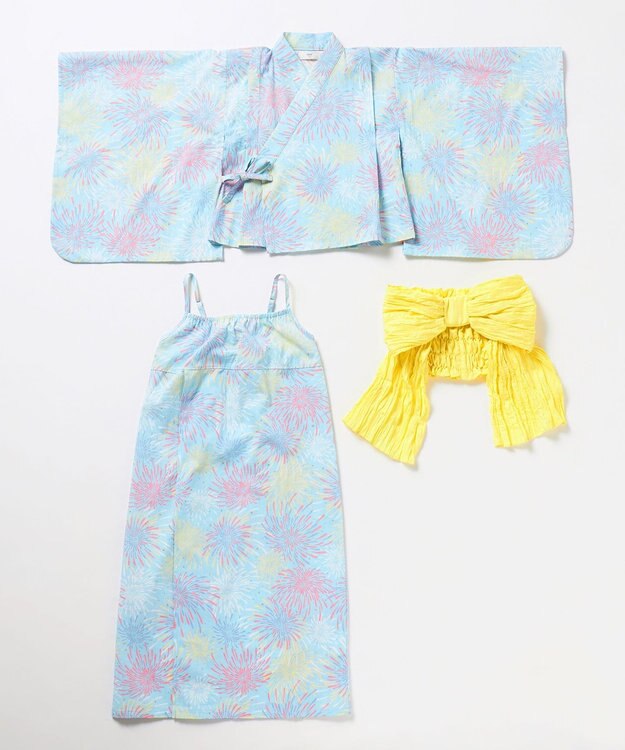 ANY KIDS 【洗濯機可能/簡単着付け】2WAY セパレート浴衣セット サックスブルー×花火