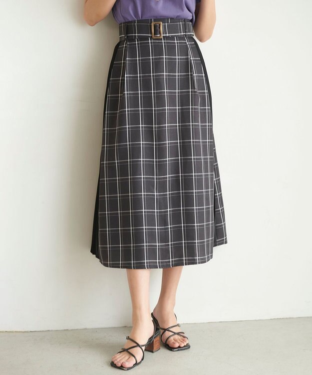 Feroux 【洗える】プリーツコンビチェック スカート ブラック系3