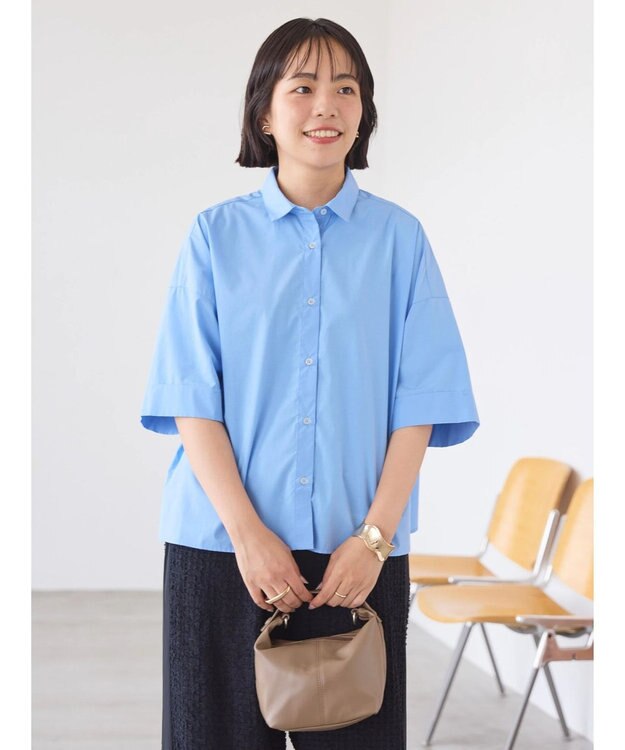 AMERICAN HOLIC イージーケア５分袖バックタックシャツ Sax