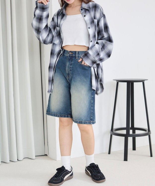 WEGO 【SMサイズ展開】ヴィンテージウォッシュデニムハーフパンツ デニム中濃色