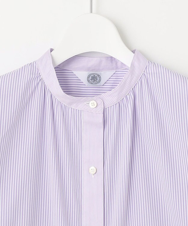 J.PRESS LADIES S 【洗える】 FAST コットンナイロン ストライプ バンドカラー ブラウス ふじ色系1