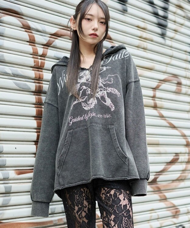 WEGO 【ユニセックス着用ITEM】ヴィンテージグラフィックキーネックプルパーカー ブラックその他