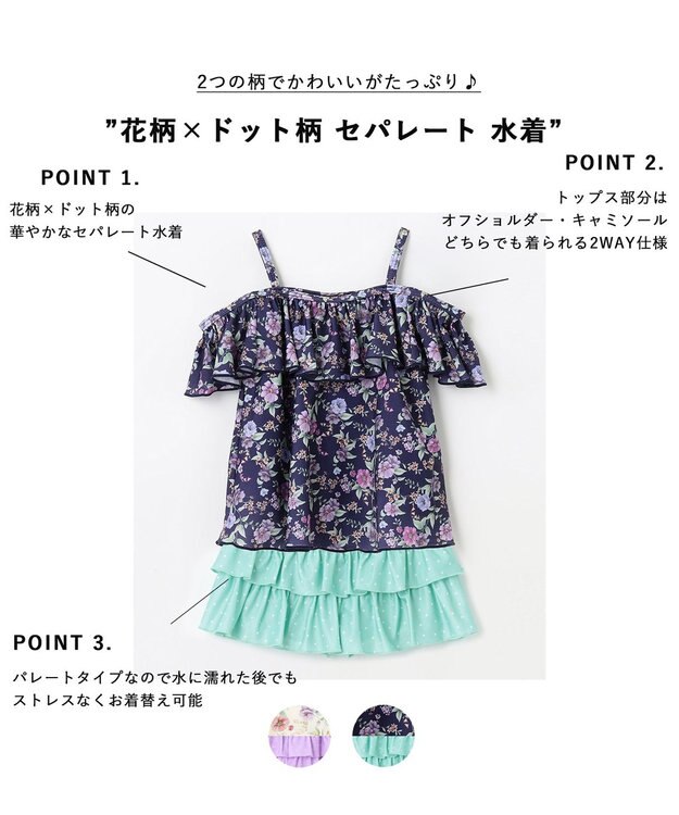 ANY KIDS 花柄×ドット柄 セパレート 水着 ネイビー花柄×ミントドット
