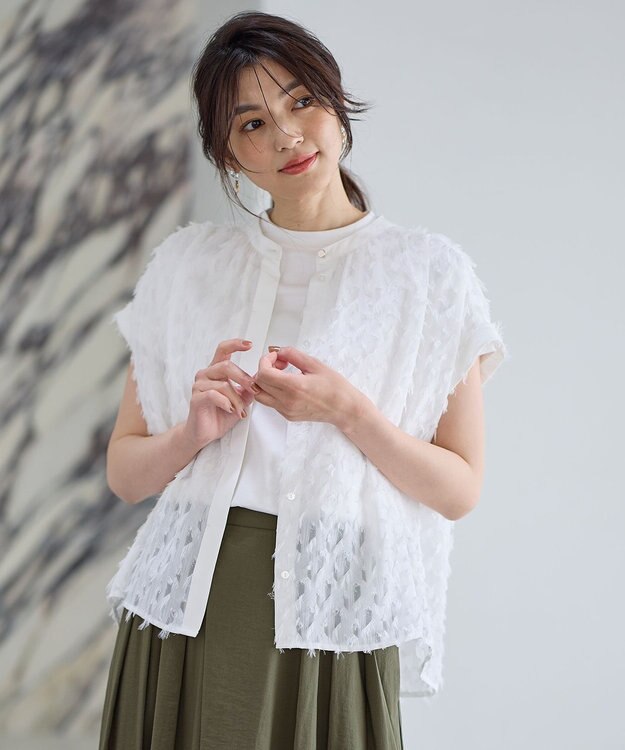 ANY 【洗濯機可】フェザーカットジャガードブラウス ホワイト