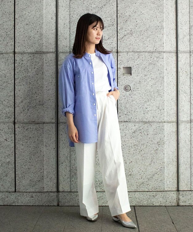 KASHIYAMA GIZA 100/2 バンドカラーシャツ ブルーシャンブレー