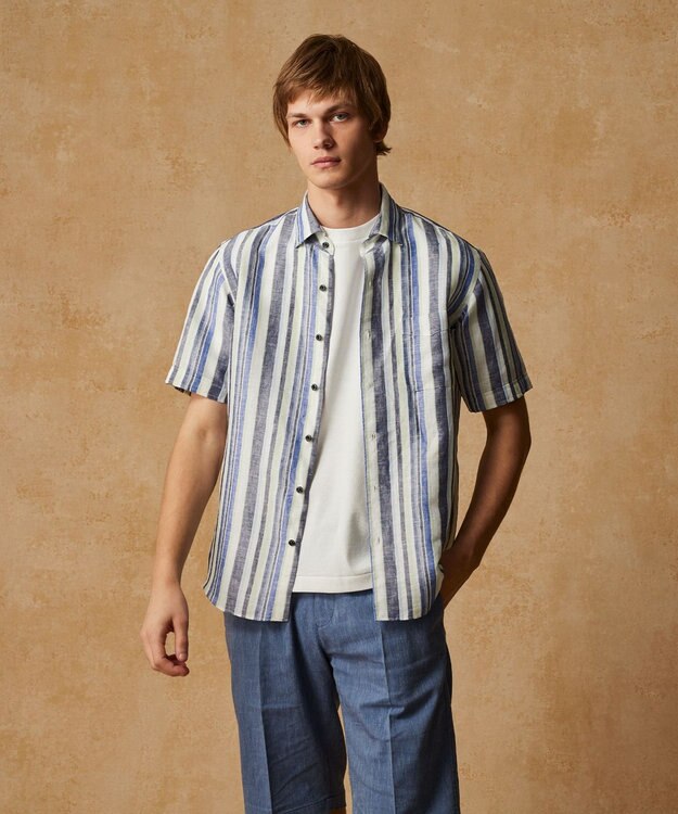 JOSEPH ABBOUD 【麻100％・軽い・涼しい】 モイスチャーリネンストライプシャツ ダルブルー系2