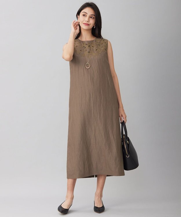 自由区 【洗える】エンブロイダリーノースリーブ ワンピース カーキ