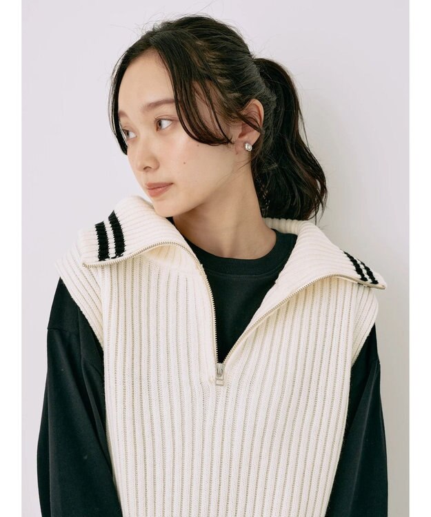 earth music&ecology ハーフジップニットベスト Ivory