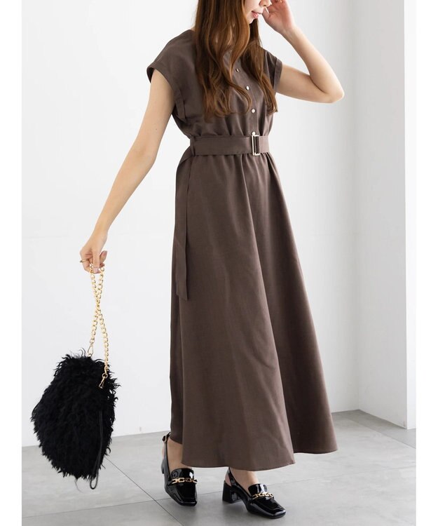 Te chichi リネンライクウエストマークワンピース ブラウン