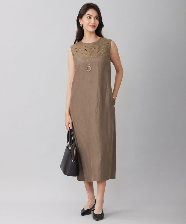 自由区 S 【洗える】エンブロイダリーノースリーブ ワンピース カーキ