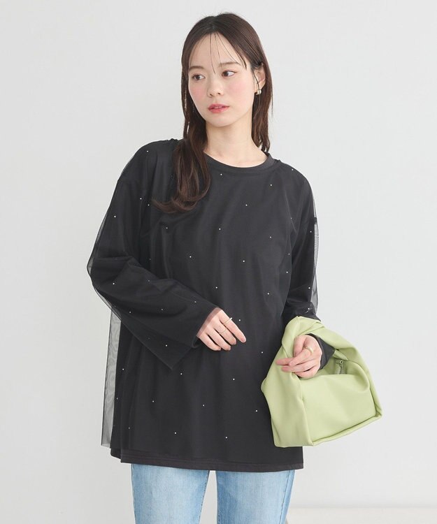 earth music&ecology ラインストーンチュールドッキングプルオーバー Black