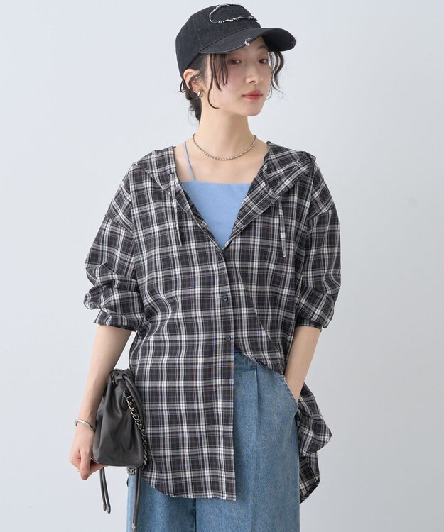 earth music&ecology フーディーチェックシャツ Black