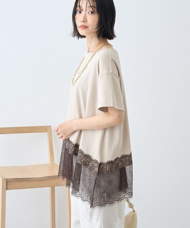 AMERICAN HOLIC 裾レース半袖プルオーバー Gray Beige