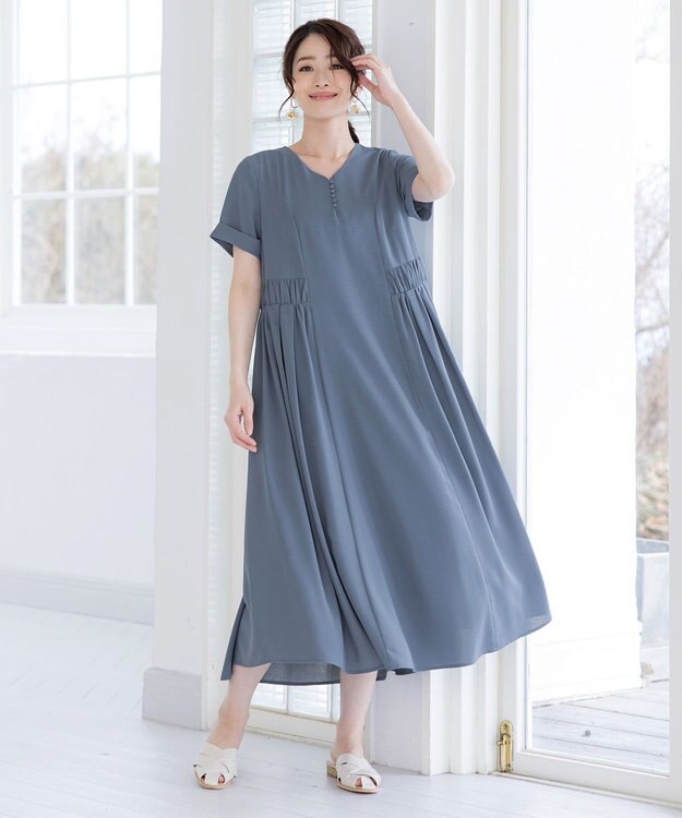 Tiaclasse 【洗える】サイドギャザーワンピース ブルー