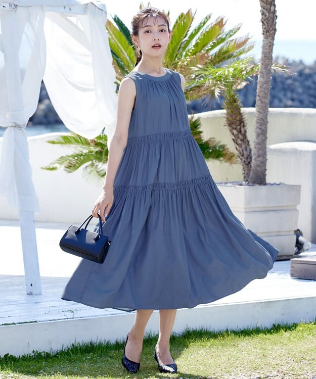 Tiaclasse 【洗える】後ろリボンシャーリングワンピース ブルー