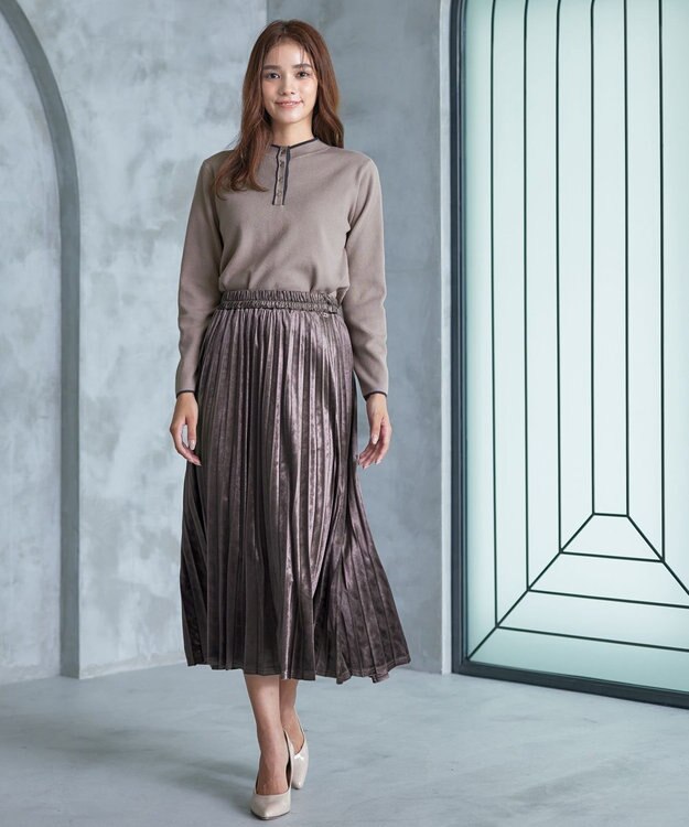 Tiaclasse 【洗える】配色ボタンニットトップス グレージュ