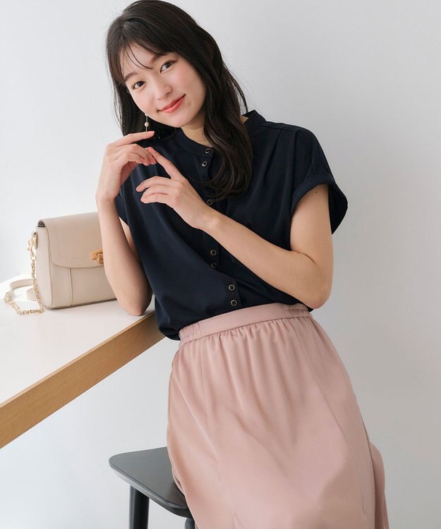 ANY SIS L 【洗える】ダブルボタンフレンチスリーブ ブラウス ネイビー