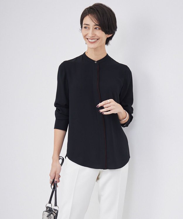 ICB 【接触冷感・UVケア・速乾・洗える】BackSatinAmunzen バンドカラーブラウス ブラック系