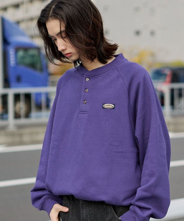 WEGO 【ユニセックス着用ITEM/MLサイズ展開/裏起毛】ショートドロストヘンリーネックプルオーバー パープル