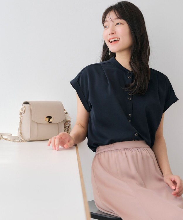 ANY SIS L 【洗える】ダブルボタンフレンチスリーブ ブラウス ネイビー