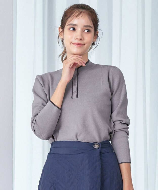 Tiaclasse 【洗える】配色ボタンニットトップス ライトグレー