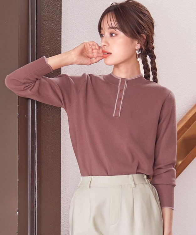 Tiaclasse 【洗える】配色ボタンニットトップス ピンク