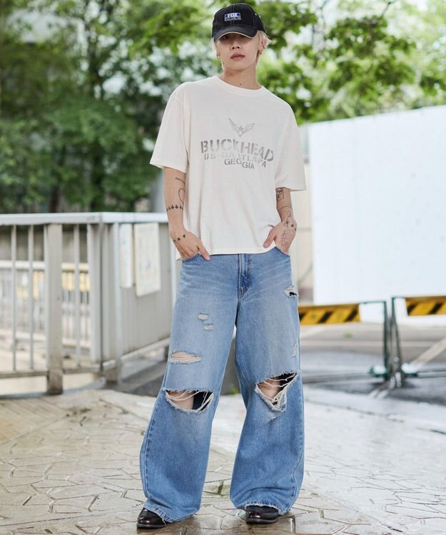 WEGO エクストラバギーダメージデニムパンツ デニム淡加工色