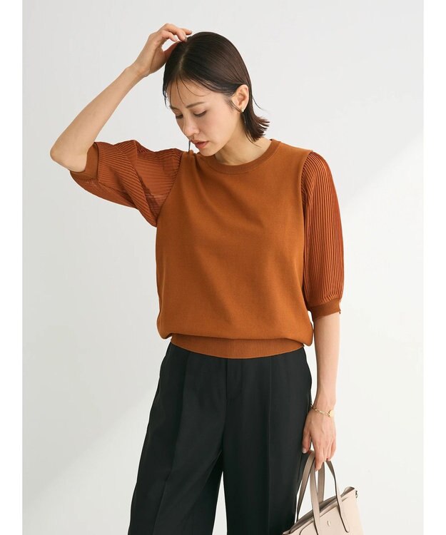 Green Parks 袖プリーツドッキング５分袖ニットプルオーバー Orange