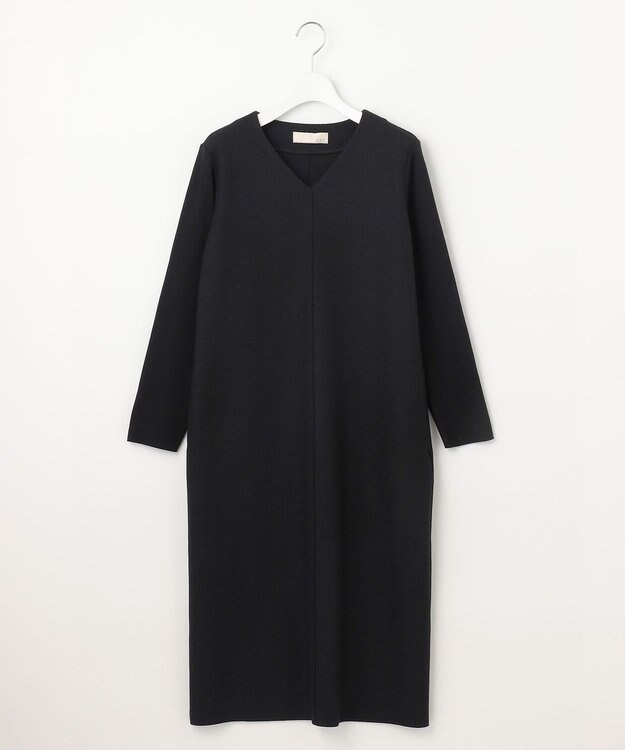 自由区 L ウールニットコンビジャージーVネック ワンピース ブラック系