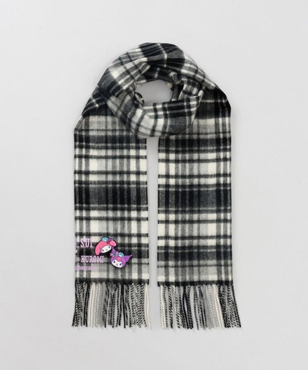AURORA 【 ANNA SUI（アナ スイ）】マイメロディ&クロミ 刺しゅうブローチ付きチェックマフラー ブラック