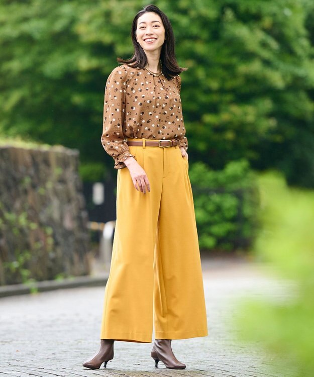 自由区 S 【洗える】ビエラストレッチワイド パンツ イエロー系