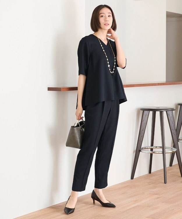 自由区 【接触冷感・速乾・UVケア・撥水・防シワ・XSサイズあり】リネンライクツィル5分袖 ブラウス ネイビー系