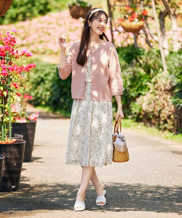 Tiaclasse L 【洗える】程良い透け感のシフォン花柄フレンチワンピース オフフラワー