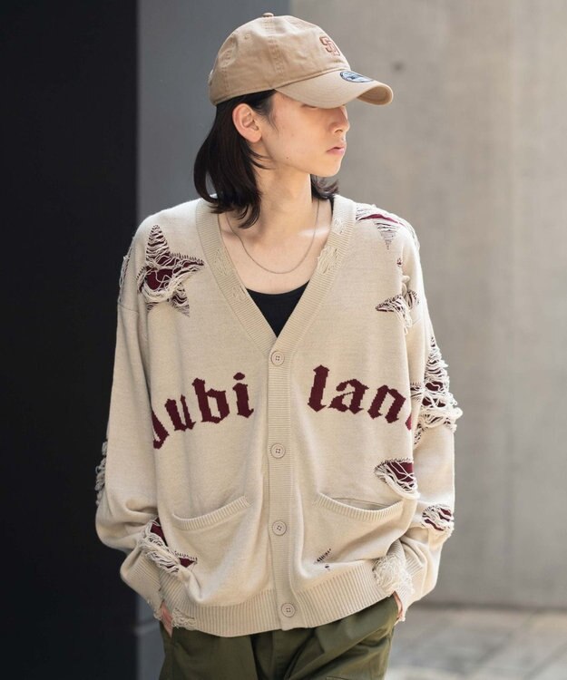 WEGO 【ユニセックス着用ITEM】ダメージジャガードカーディガン オフホワイト