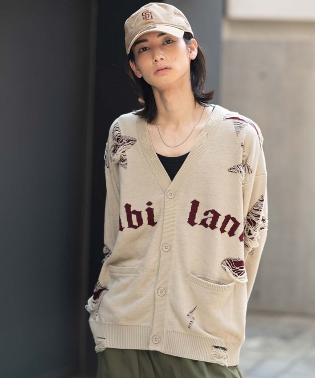 WEGO 【ユニセックス着用ITEM】ダメージジャガードカーディガン オフホワイト
