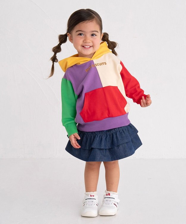 MIKI HOUSE HOT BISCUITS 【80-120cm】 マルチカラー配色切り替え ロゴパーカー マルチカラー