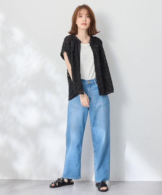 ANY 【洗濯機可】フェザーカットジャガードブラウス ブラック