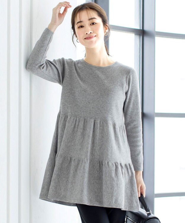 Tiaclasse L 【洗える】大人華やぐ2段ティアードニットチュニック グレー