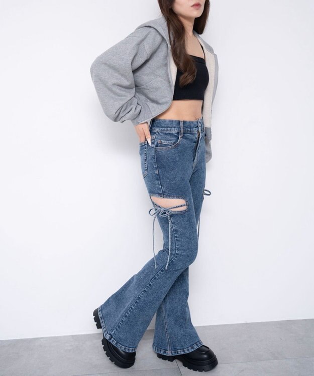 WEGO 【SMサイズ展開/伸びる】カットアウトリボンストレッチフレアデニムパンツ デニム中濃加工色