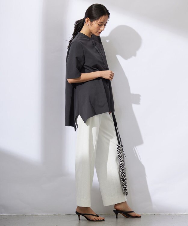 ICB 【接触冷感・UVカット・洗える】ヴィンテージスパンブロード バンドカラーブラウス チャコールグレー系