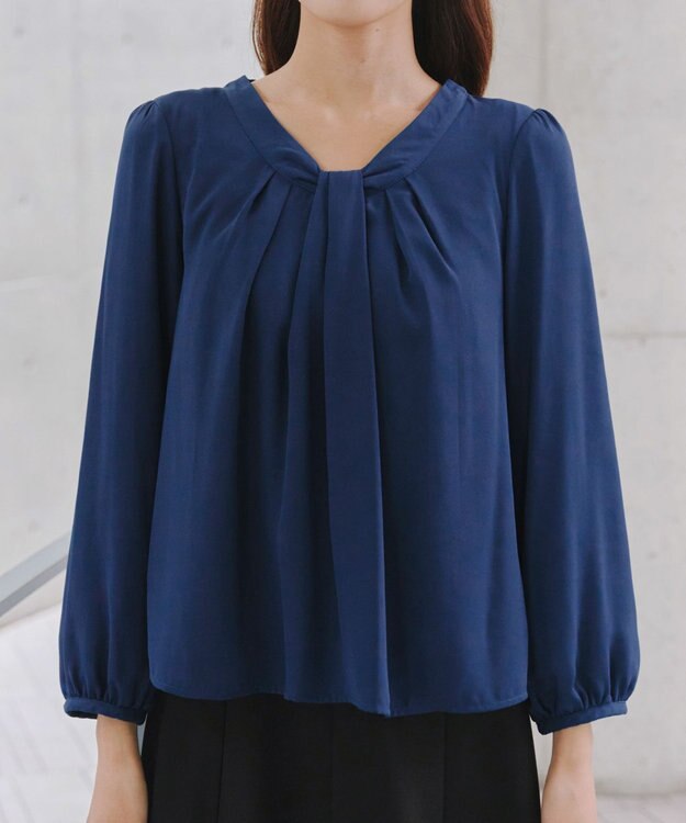 Tiaclasse 【スマート裏起毛】 ボウタイ風ブラウス ダークブルー