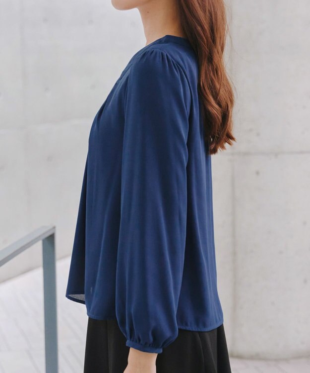 Tiaclasse 【スマート裏起毛】 ボウタイ風ブラウス ダークブルー
