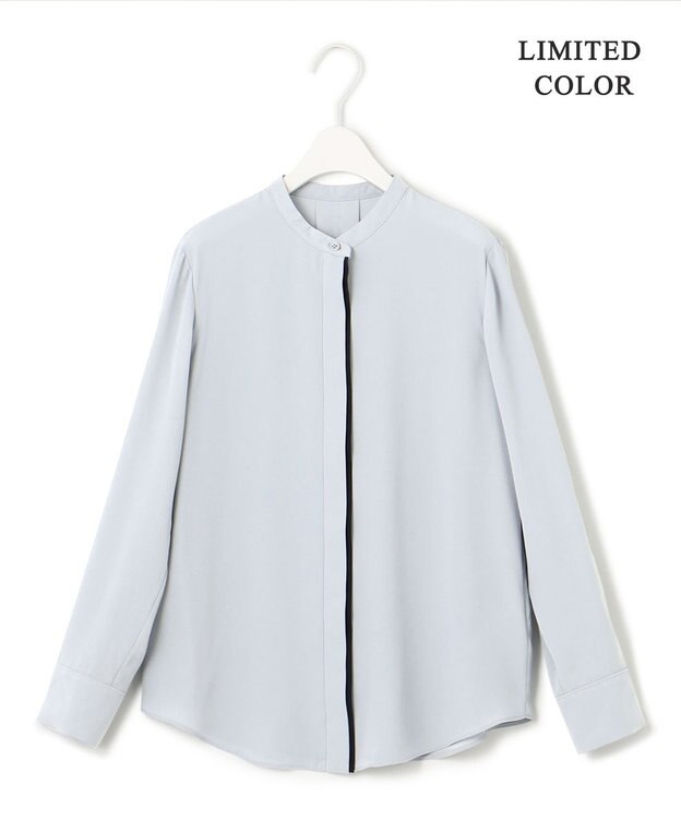 ICB 【WEB限定カラーあり・速乾・洗える】BackSatinAmunzen バンドカラーブラウス フォグブルー系［WEB限定］