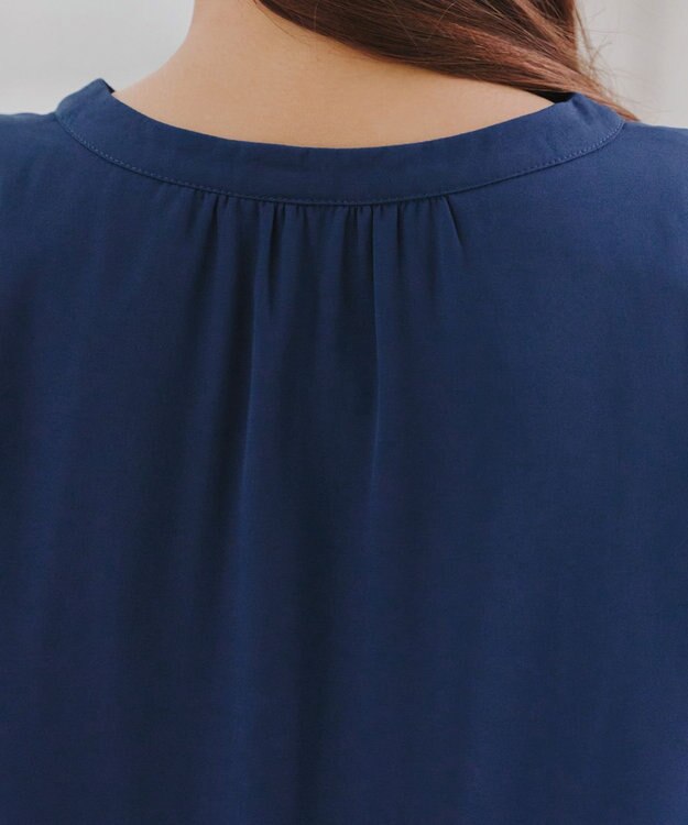 Tiaclasse 【スマート裏起毛】 ボウタイ風ブラウス ダークブルー